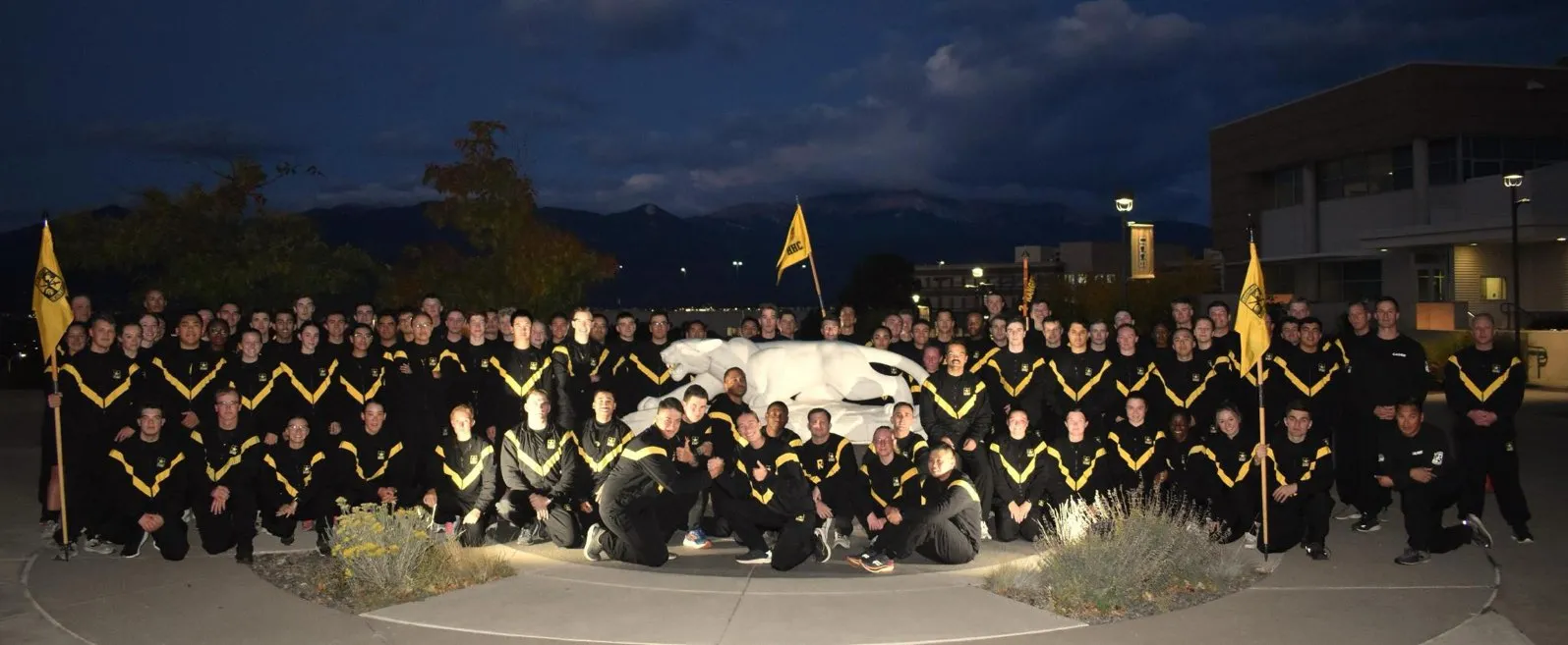 UCCS Army ROTC Cadets around Mountain Lion Statue 